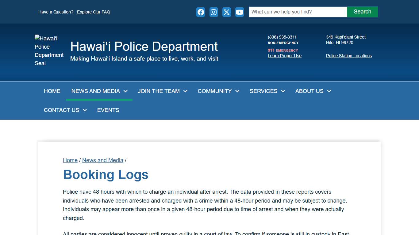 Hawaiʻi Police Department Booking Logs