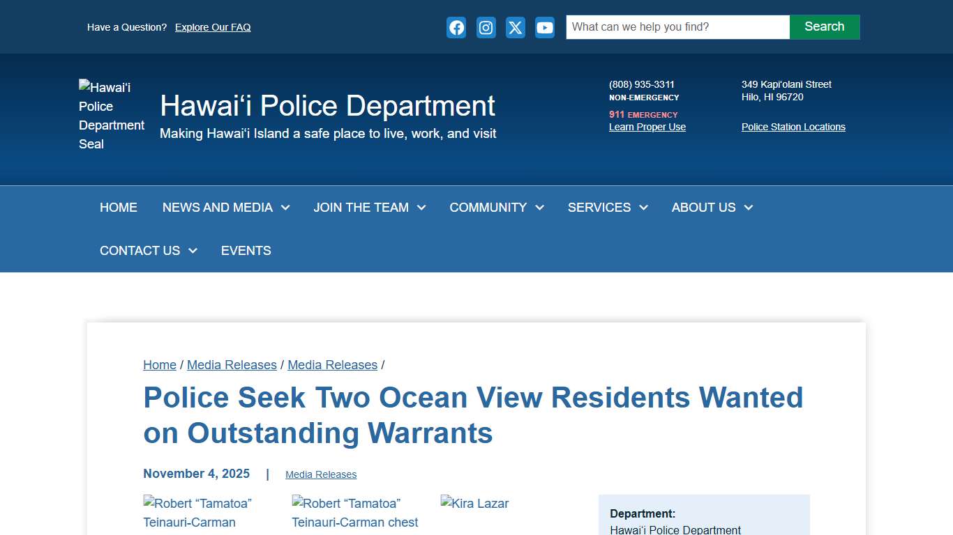 Hawaiʻi Police Department Police Seek Two Ocean View Residents Wanted on Outstanding Warrants